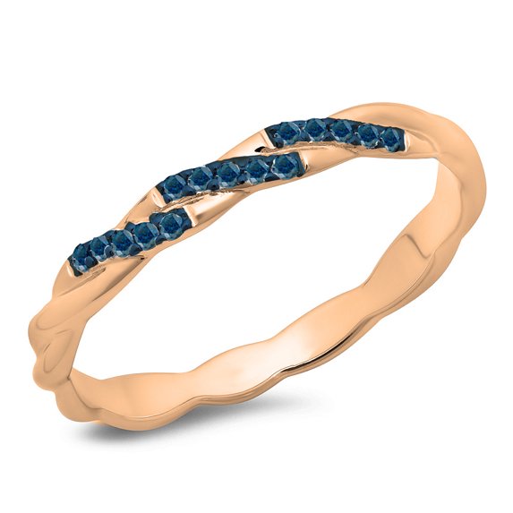 0.10 Carat (ctw) 18K Rose Gold Round Cut Blue Diamond Ladies Swirl Anniversary Wedding Band Stackable Ring 1/10 CT