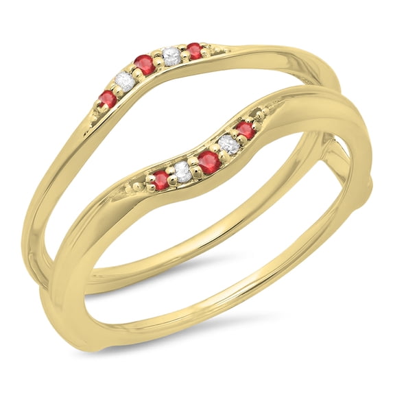 0.10 Carat (ctw) 18K Yellow Gold Round Ruby & White Diamond Ladies Anniversary Wedding Band Guard Double Ring 1/10 CT