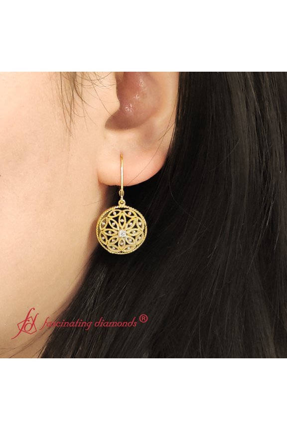 0.10 Ct Round Cut Lab Grown Diamond Filigree Lever Back Earrings Fascinating Diamonds