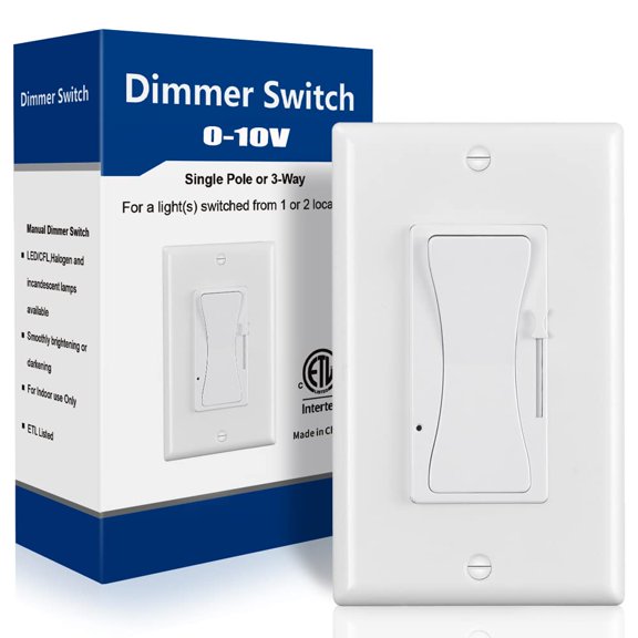 0-10V LED Dimmer Swit, Low Voltage Dimmer Swit for Dimmable LED Lights, CFL, gen and Incandent Bulbs, Single-Pole or 3-Way, Wallplate Included, ETL Lted (White, 1 Pack)