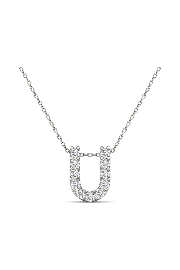 0.11 Carat Natural White Diamond Initial "U" Pendant Necklace In 14K Yellow and White Gold with 18" Gold Cable Chain|Silver Chain