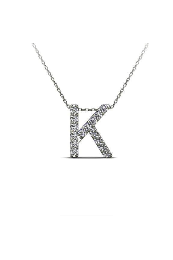 0.12 Carat Real Diamond Initial "K" Pendant Necklace for Women in 14K Yellow and White Gold with 18" Gold Cable Chain|Silver Chain