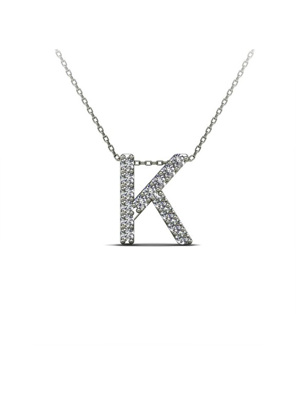 0.12 Carat Real Diamond Initial "K" Pendant Necklace for Women in 14K Yellow and White Gold with 18" Gold Cable Chain|Silver Chain