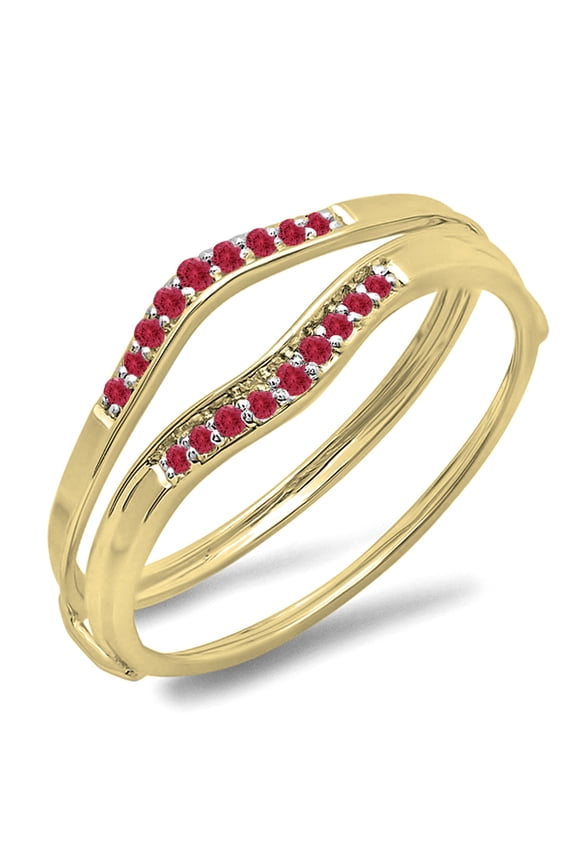 0.12 Carat (ctw) 18K Yellow Gold Round Red Ruby Ladies Anniversary Enhancer Guard Wedding Band