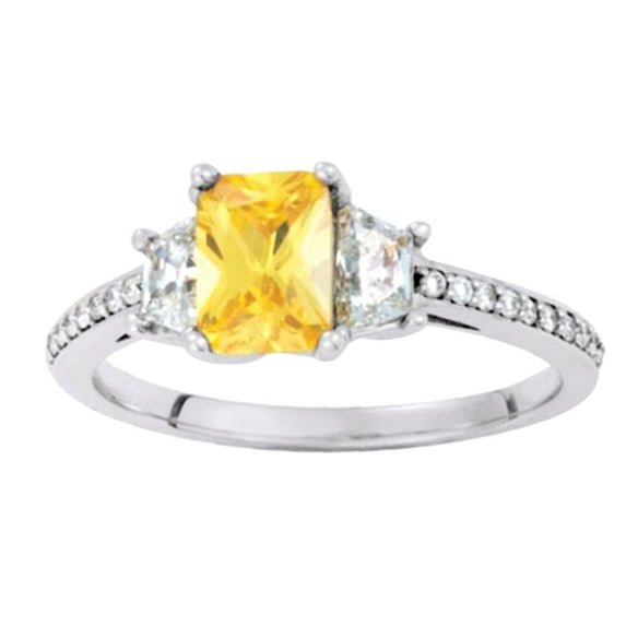 AFFY 0.12 Ct Emerald Cut Yellow Cubic Zirconia With Natural Diamond Accent Three Stone Engagement Ring 14K Solid White Gold