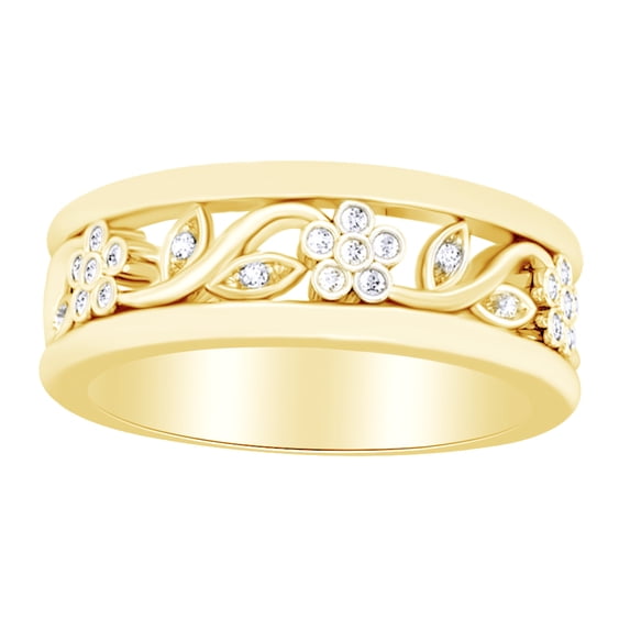 AFFY 0.12 Ct White Diamond Floral Inspired Anniversary Band Ring In 14K Solid Yellow Gold