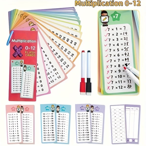 0-12 Multiplication Flash Cards, Times Table Self Check Math Learning Tool, Reusable Write & Wipe Math Manipulatives, Educational Teaching Aids for Classroom & Homeschool, (15 Cards + 2 Pens)