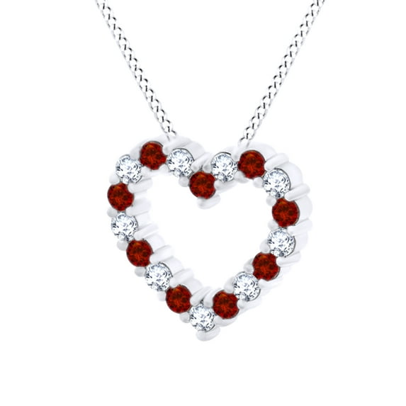 AFFY 0.13 CT Simulated Red Garnet & White CZ Heart Pendant Necklace In 14k White Gold
