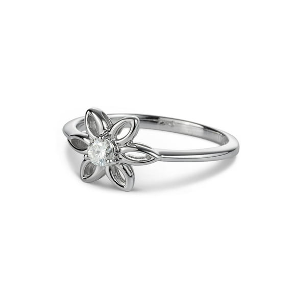 0.13 CTW DEW Round Moissanite Floral Solitaire Ring in Sterling Silver