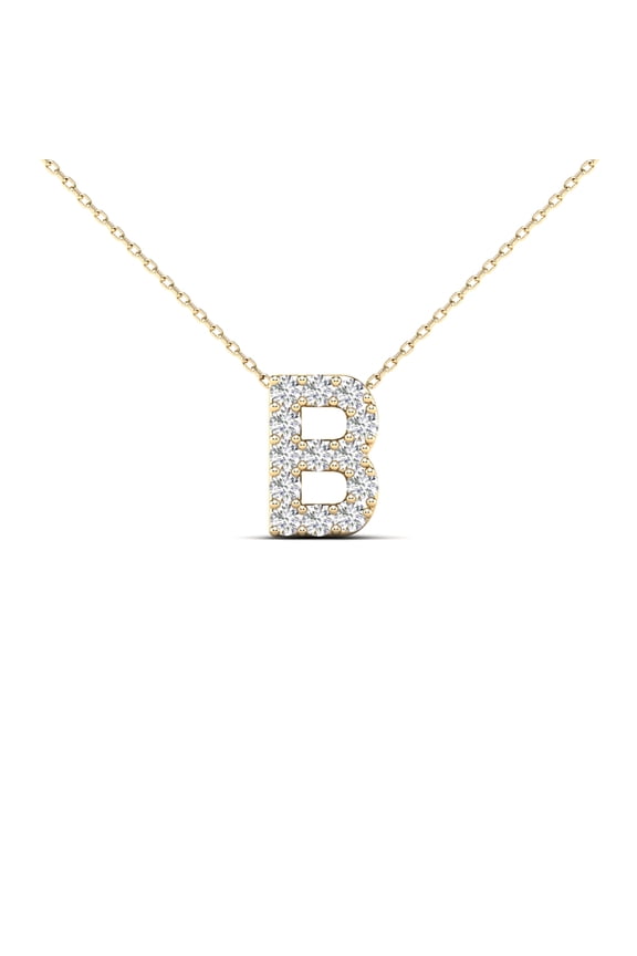 0.13 Carat Natural White Diamond Initial "B" Pendant Necklace In 14K Yellow and White Gold with 18" Gold Cable Chain|Silver Chain
