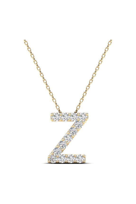 0.13 Carat Natural White Diamond Initial "Z" Pendant Necklace In 14K Yellow and White Gold with 18" Gold Cable Chain|Silver Chain