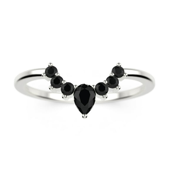 0.13 ct 1.3mm round and 3x2.10mm pear cut black diamond moissanite 10k White Gold wedding band