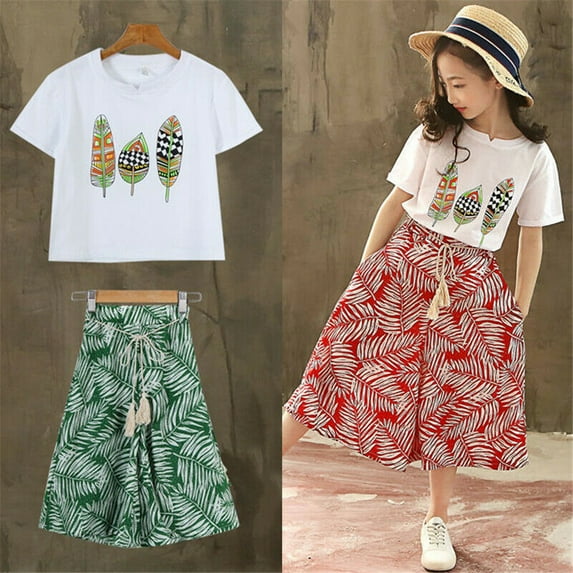 0-13T Boho Summer Children Girls T Shirt Tops + Wide Leg Pants Kids Outfits Set Beach