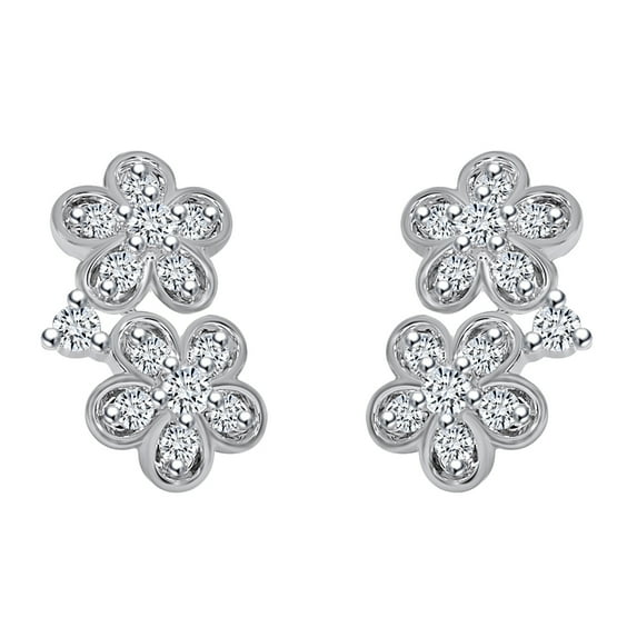AFFY 0.14 Carat (cttw) Round Shape White Natural Diamond Flower Stud Earrings 14k White Gold Over Sterling Silver