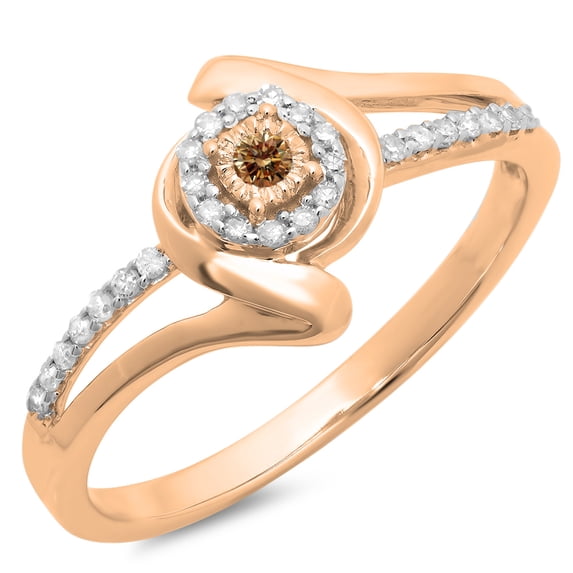 0.15 Carat (ctw) 14K Rose Gold Round Champagne & White Diamond Ladies Twisted Split Shank Promise Engagement Ring