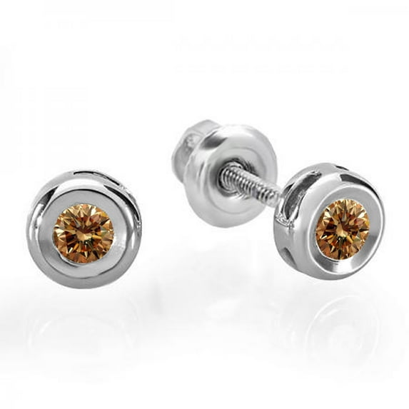 0.15 Carat (ctw) 14K White Gold Round Cut Champagne Diamond Bezel Stud Earrings