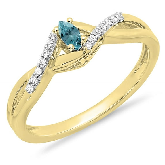 0.15 Carat (ctw) 14K Yellow Gold Marquise & Round Blue & White Diamond Ladies Bridal Crossover Swirl Promise Engagement