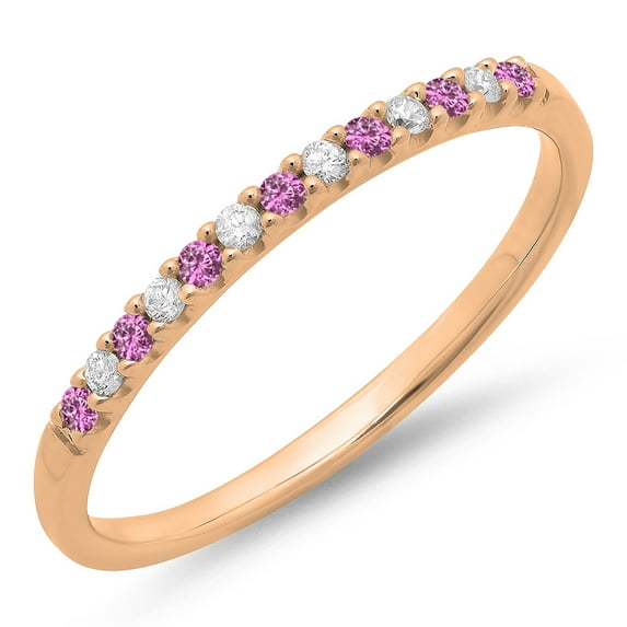 0.15 Carat (ctw) 14k Rose Gold Round Pink Sapphire & White Diamond Ladies Anniversary Wedding Band Stackable Ring