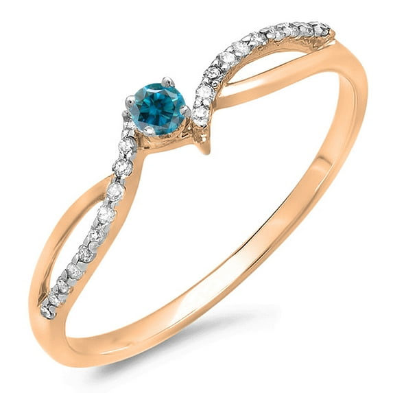 0.15 Carat (ctw) 18K Rose Gold Round Blue & White Diamond Ladies Crossover Split Shank Bridal Promise Engagement Ring