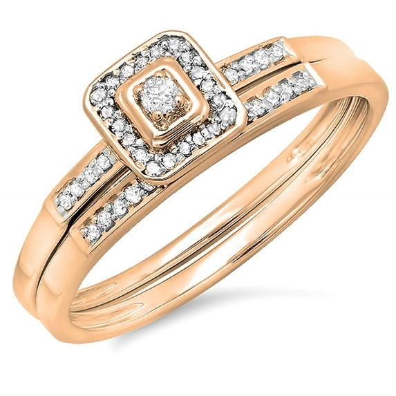 0.15 Carat (ctw) 18K Rose Gold Round Diamond Ladies Halo Engagement Bridal Ring Set Matching Wedding Band