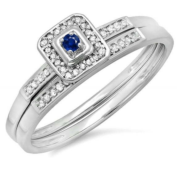 0.15 Carat (ctw) 18K White Gold Round Blue Sapphire & White Diamond Ladies Halo Engagement Bridal Ring Set Matching Wedd