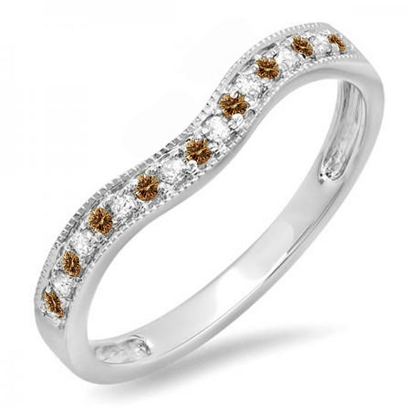 0.15 Carat (ctw) 18K White Gold Round Champagne & White Diamond Ladies Anniversary Wedding Band Guard Ring