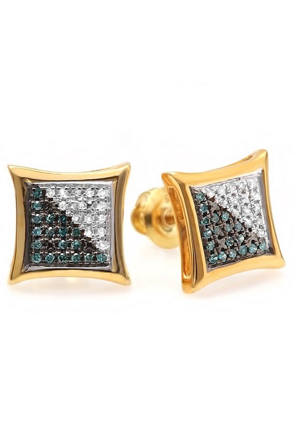 0.15 Carat (ctw) 18K Yellow Gold Plated Sterling Silver White & Blue Round Diamond Micro Pave Setting Kite Shape Stud Earrings