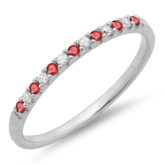 0.15 Carat (ctw) 18k White Gold Round Ruby & White Diamond Ladies Anniversary Wedding Band Stackable Ring