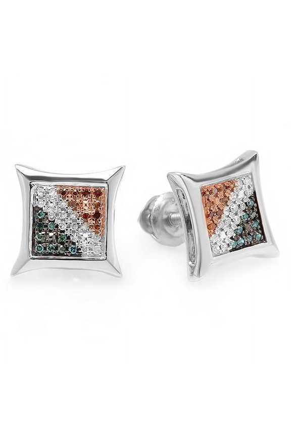 0.15 Carat (ctw) Blue, White & Red Round Diamond 3 tone Micro Pave Setting Kite Shape Stud Earrings