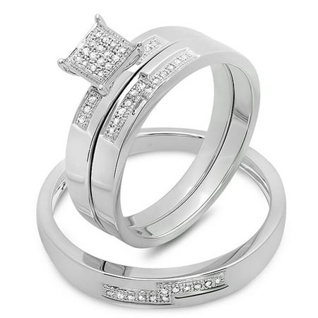 0.15 Carat (ctw) Round White Diamond Men and Women's Micro Pave Engagement Ring Trio Bridal Set