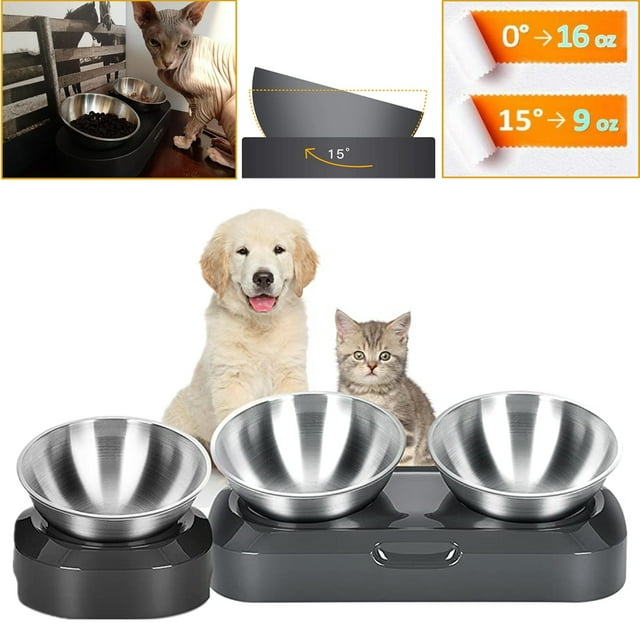 0/15 Tilted Raised Cat Food Bowl Set, Stuffygreenus Stainless Steel Cat