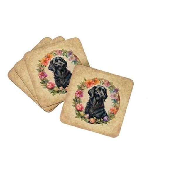 0.15 x 3.5 x 3.5 in. Flat-Coated Retriever & Flowers Foam Coasters - Set of 4
