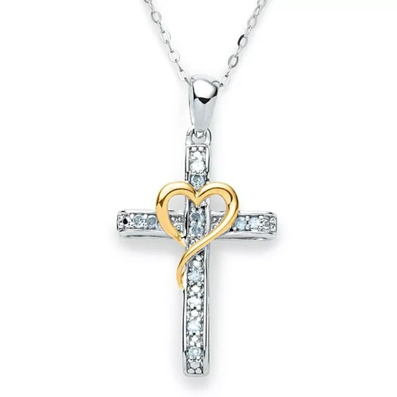 0.15 Ct Simulated Diamond Cross and Heart Pendant Necklace, Two-Tone Gold Plated Sterling Silver, Inspirational Faith Jewelry for Women
