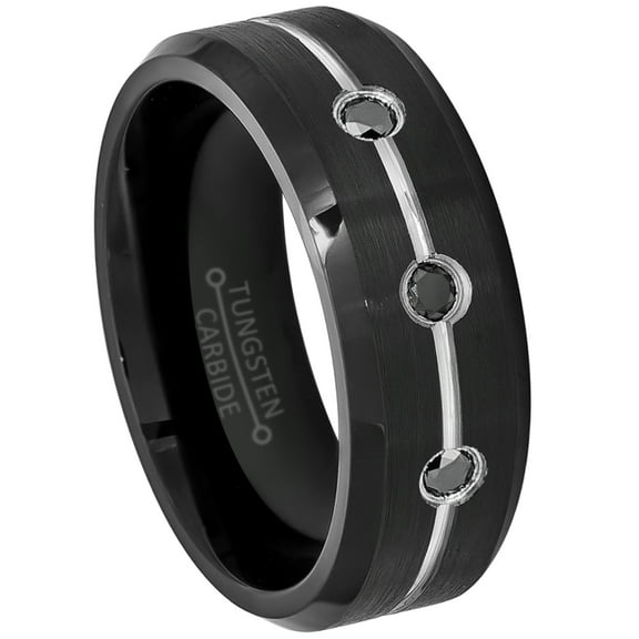 0.15ctw Black Diamond 3-Stone Tungsten Ring - 8mm Grooved Black Tungsten Carbide Wedding Ring Mens Anniversary Band - #189s8