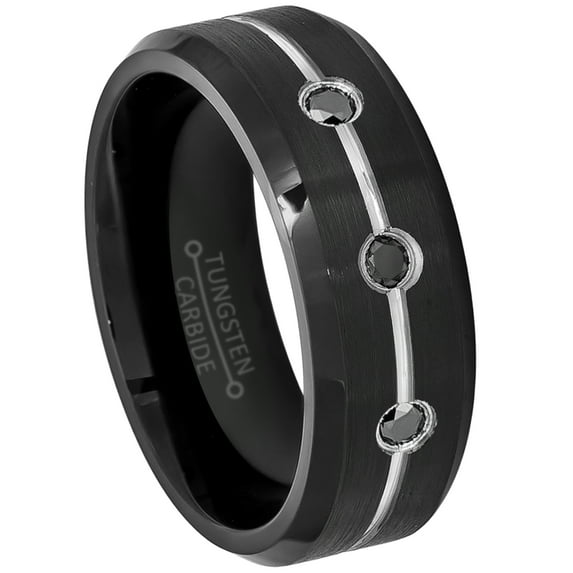 0.15ctw Black Diamond 3-Stone Tungsten Ring - 8mm Grooved Black Tungsten Carbide Wedding Ring Mens Anniversary Band - #189s9