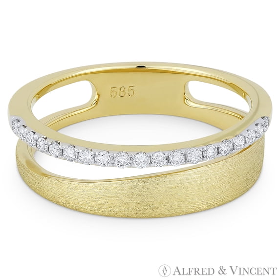 0.16ct Round Cut Diamond Pave & Brushed Dual-Band Right-Hand Ring in 14k Yellow & White Gold