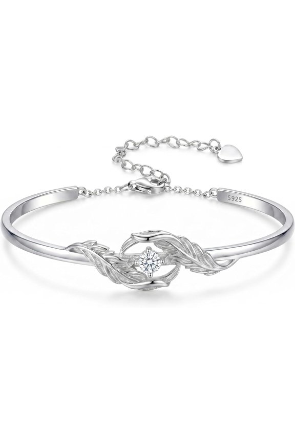 0.17 CT Diamond Feather Bracelet for Women 925 Sterling Silver Feather Bangle Bracelet with 3.5mm Lab Grown Diamonds Jewelry Gifts for Mom Wife Girlfriend
