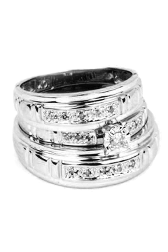 0.17 Carat (ctw) 10K Gold Round White Diamond Men & Women's Engagement Ring Trio Bridal Sets