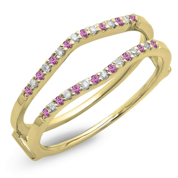 0.18 Carat (ctw) 18K Yellow Gold Round Pink Sapphire & White Diamond Ladies Anniversary Wedding Band Enhancer Guard Doub