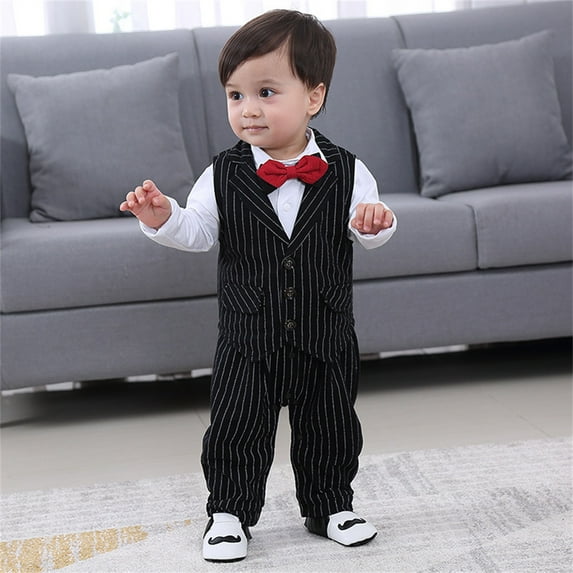 0-18 M Baby Boy Dress Clothes Infant Boys Wedding Outfit Sets Dress Up Baby Boys Gentleman Clothes,2pcs One-piece Romper & Vest,Black,0-3 Months