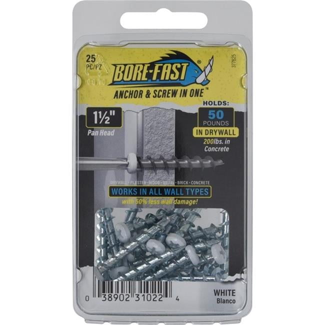 0.18 x 1.5 in. Steel Pan Head Screw & Anchor, White - 25 Piece - Pack of 5