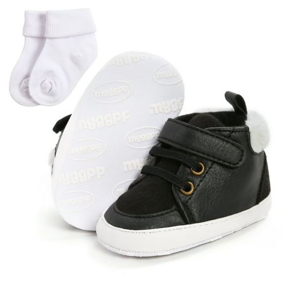 0-18M Baby Boys Girls PU Leather Ankle High Sneakers with Socks Newborn Soft Sole Prewalker Shoes