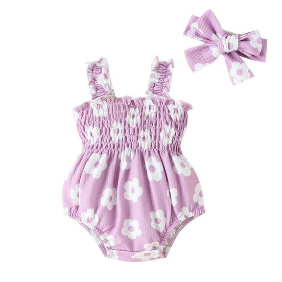 0-18M Baby Girl Summer Purple Floral Romper Sleeveless Elastic Strap Bodysuit One-piece Jumpsuit