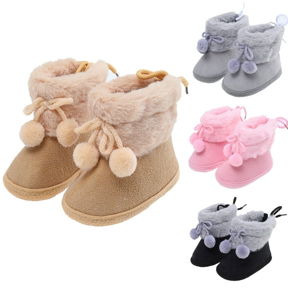0-18M Baby Girls Pom-Poms Snow Boots Non Slip Soft Sole Toddler First Walker Winter Warm Crib Shoes
