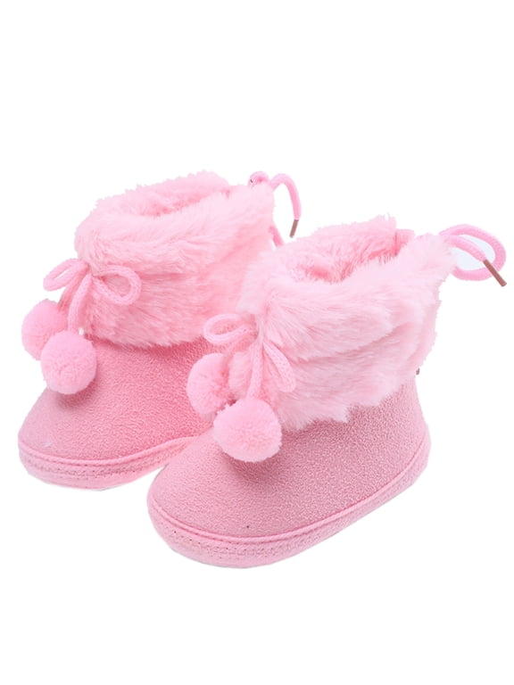 0-18M Baby Girls Pom-Poms Snow Boots Non Slip Soft Sole Toddler First Walker Winter Warm Crib Shoes