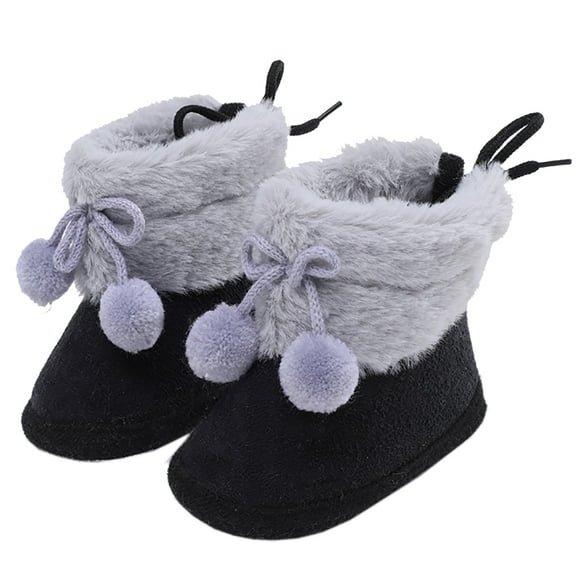 0-18M Baby Girls Pom-Poms Snow Boots Non Slip Soft Sole Toddler First Walker Winter Warm Crib Shoes