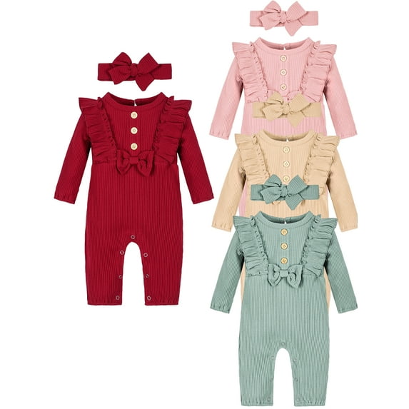 0-18M Newborn Infant Baby Girl Bowknot Long Sleeve Romper Bodysuit One-pieces Outfits Clothes