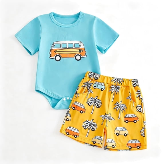 YIBOSEAN Toddler Boys Clothes Baby Boy Outfit Sets Kids Solid Sleeve Tee & Carton Prints Shorts Set,Multicolors,2-Piece,0-18M