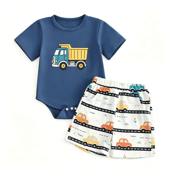 YIBOSEAN Toddler Boys Clothes Baby Boy Outfit Sets Kids Solid Sleeve Tee & Carton Prints Shorts Set,Multicolors,2-Piece,0-18M