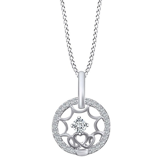 AFFY 0.19 Carat Round Shape White Natural Diamond Crown Circle Pendant Necklace 14k Solid White Gold